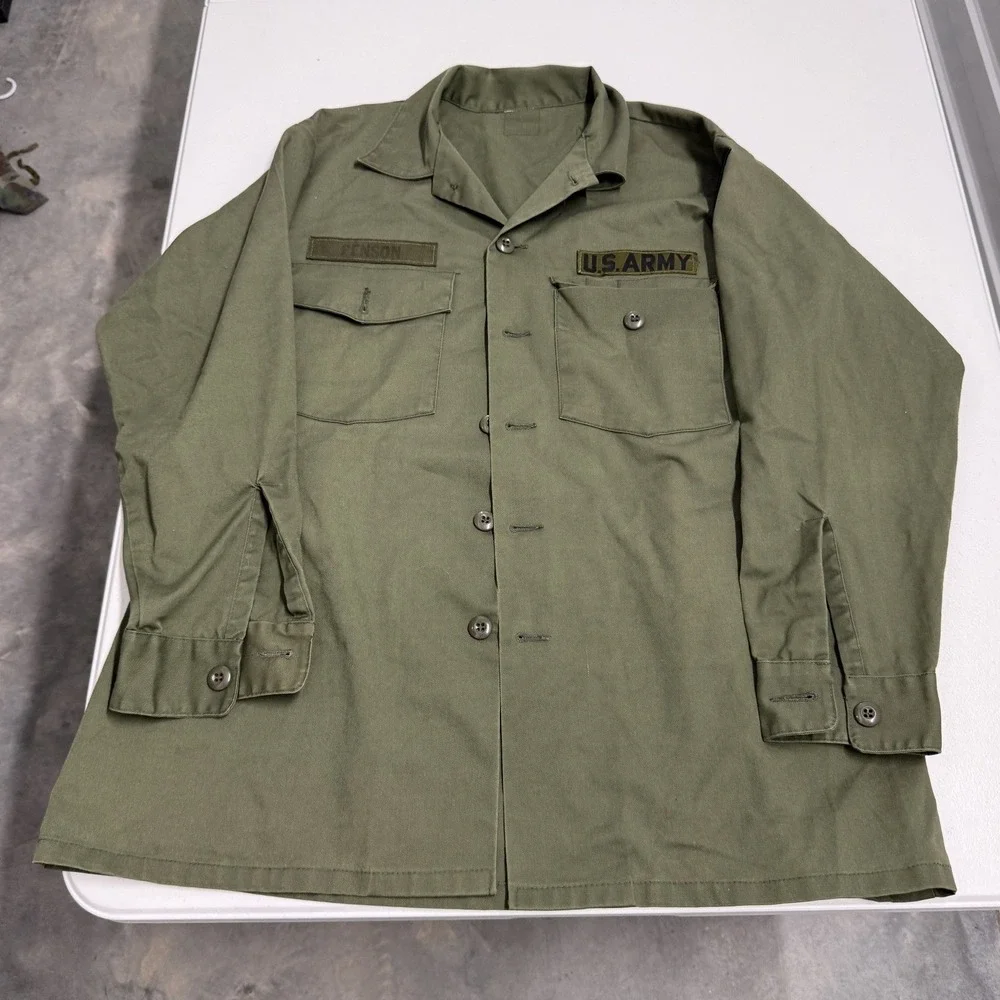 US Army Military Field Shirt Mens Large Green Good OG-107 Utility Jacket Patched